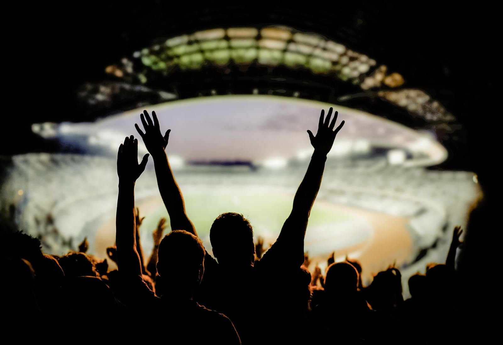 Fans with raised arms silhouetted against a floodlit stadium