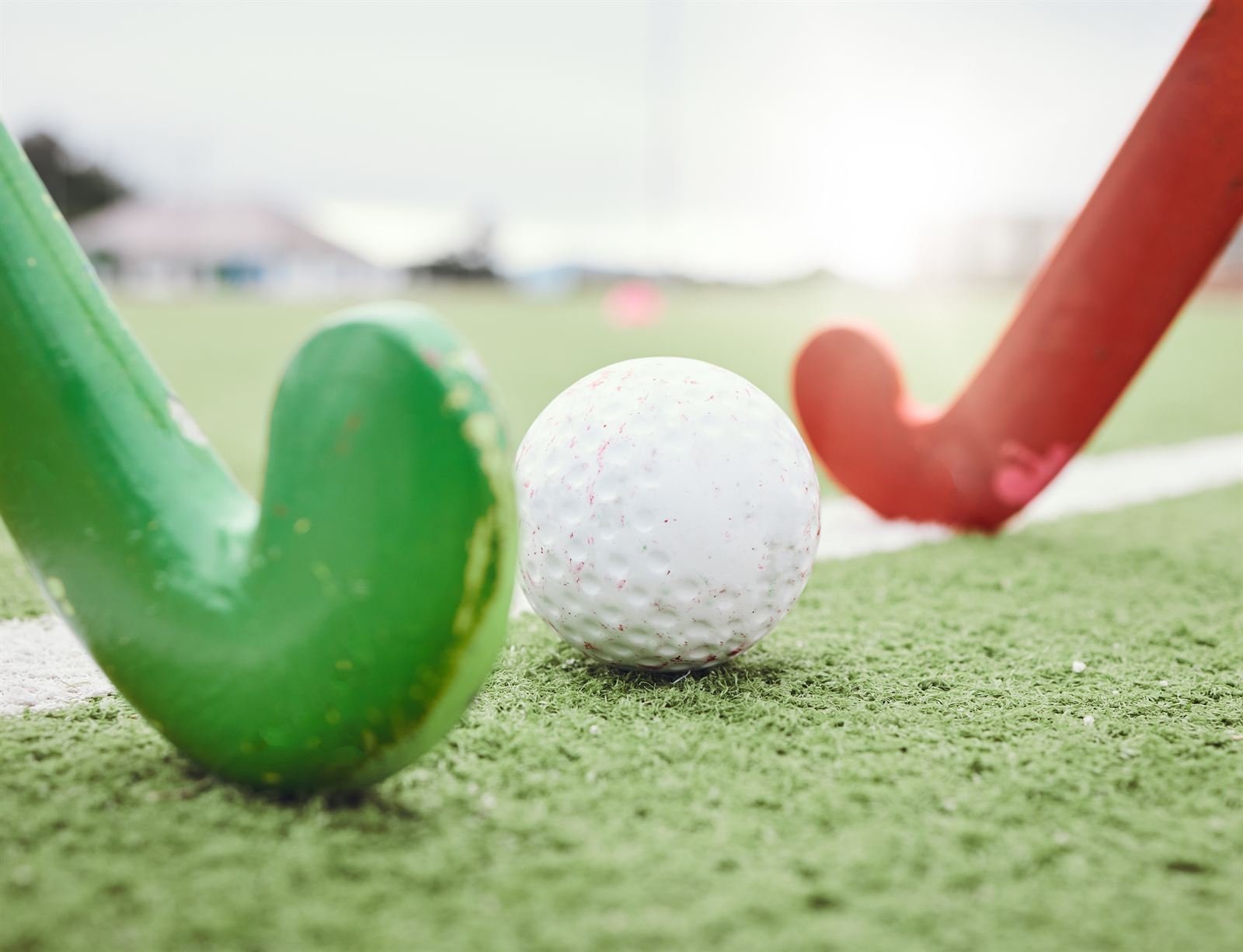 Field hockey sticks and a ball on the turf